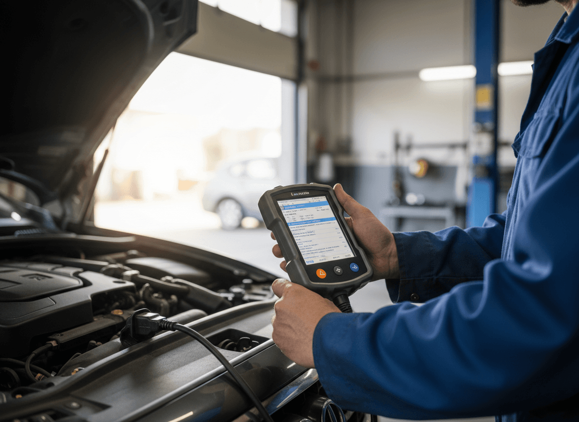 Valise de diagnostic électronique branchée sur la prise OBD2 d'un véhicule